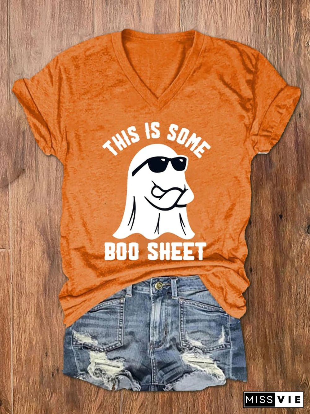 Women's Halloween This Is Some Boo Sheet Print V-Neck T-Shirt