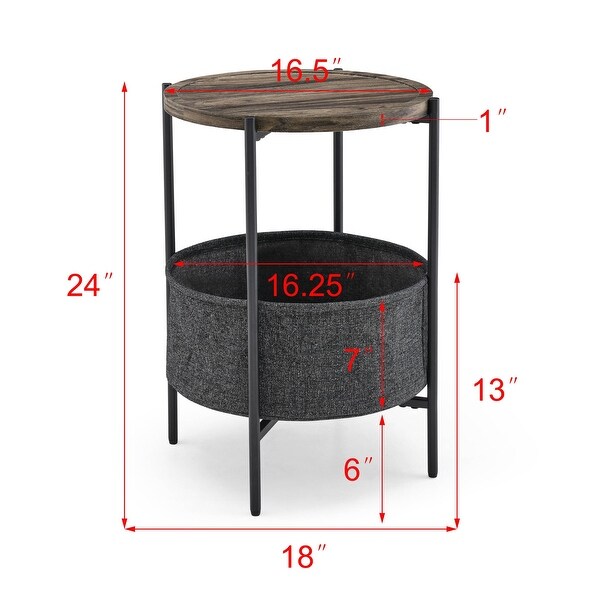 Modern Accent End Table with Storage Basket，Grey Cloth Bag and Brown Top （18