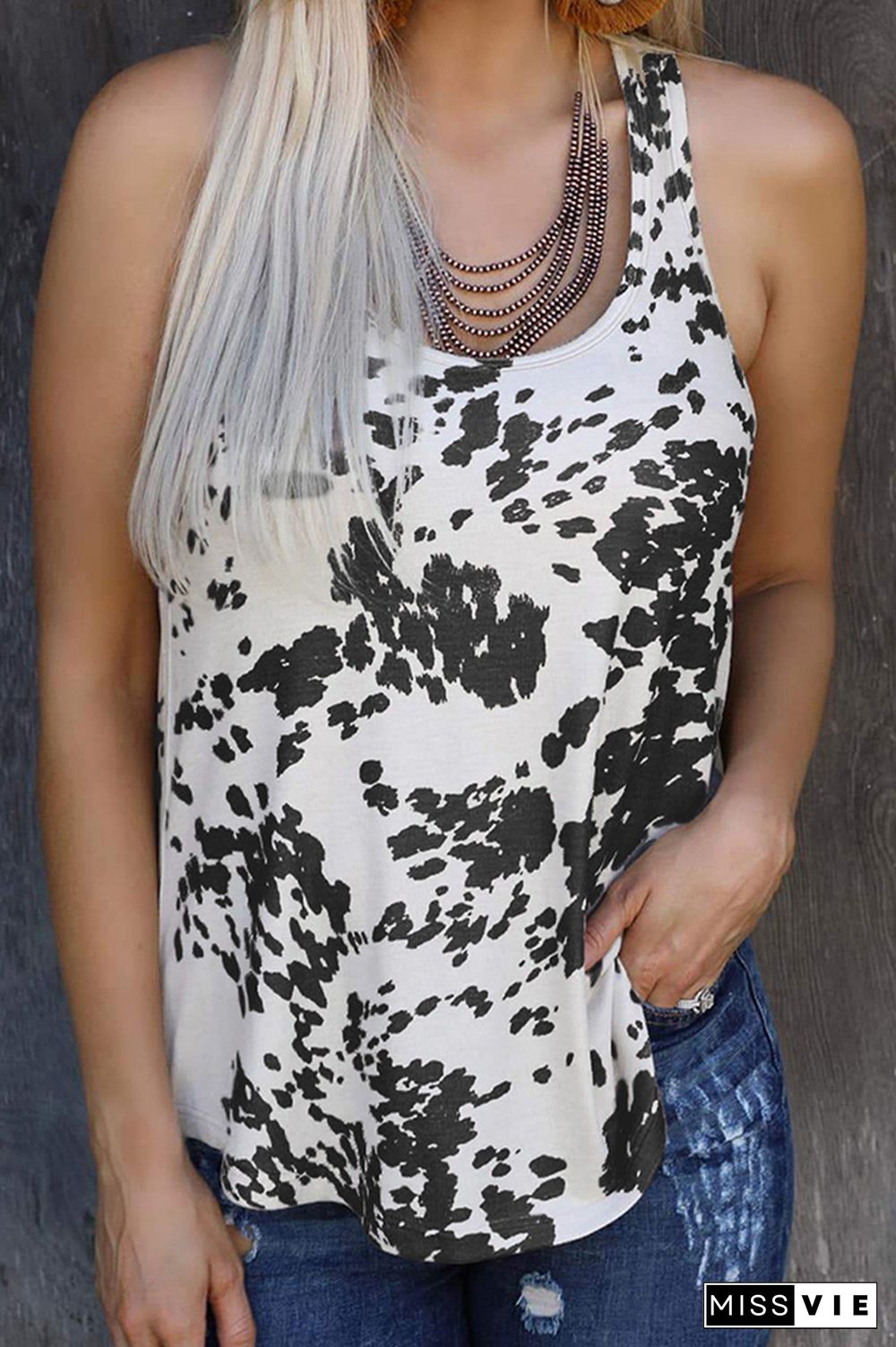 Gray Cow Print Sleeveless Tank Top Wholesale