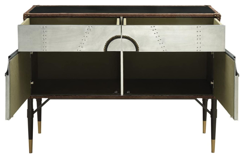 Unique Console Table  Top Grain Leather Accent With Aluminum Doors and Drawers   Midcentury   Console Tables   by Decorn  Houzz