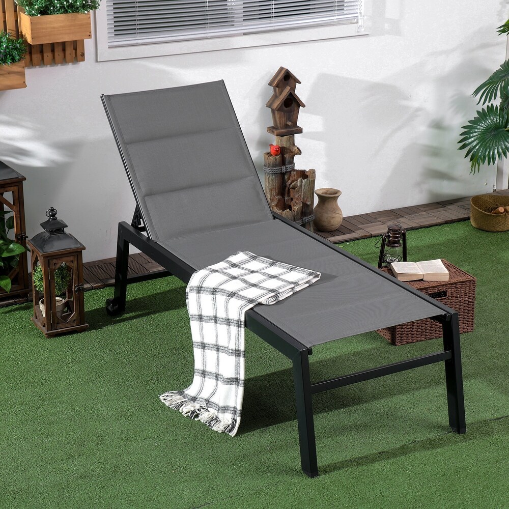 Outsunny Outdoor Chaise Lounge Chair  Pool   Sun Tanning Chair with Five Position Reclining Back  Wheels