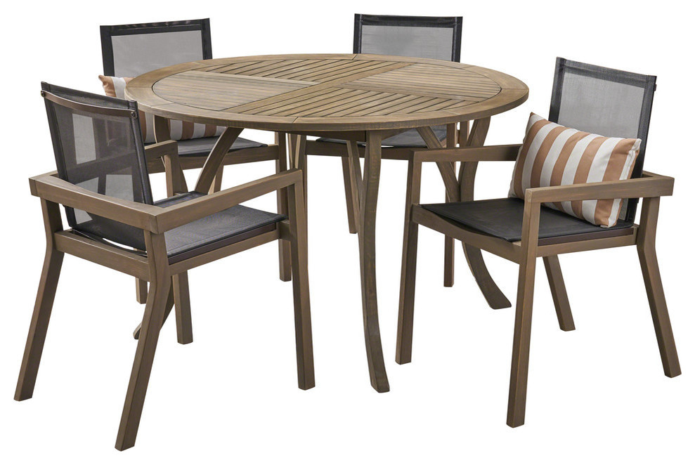 GDF Studio Spencer Outdoor Round Acacia Wood Dining Set With Mesh Seats   Transitional   Outdoor Dining Sets   by GDFStudio  Houzz