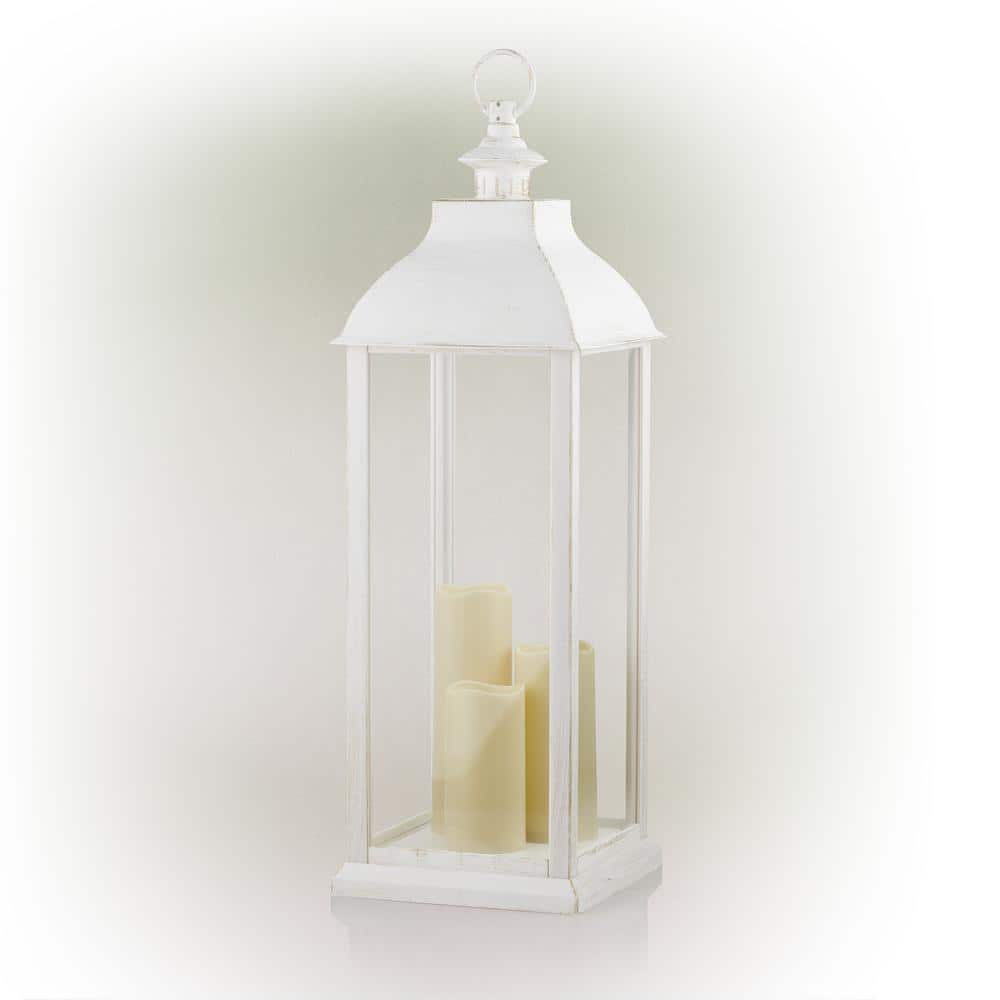 Alpine Corporation 28 in. Tall Outdoor Battery-Operated Lantern with LED Lights, White IVY100HH-L