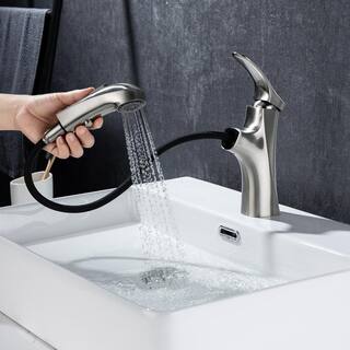 RAINLEX Single-Handle Single-Hole Pull Out Sprayer Bathroom Faucet with Deckplate and Supply Lines Included in Brushed Nickel RX5701BN