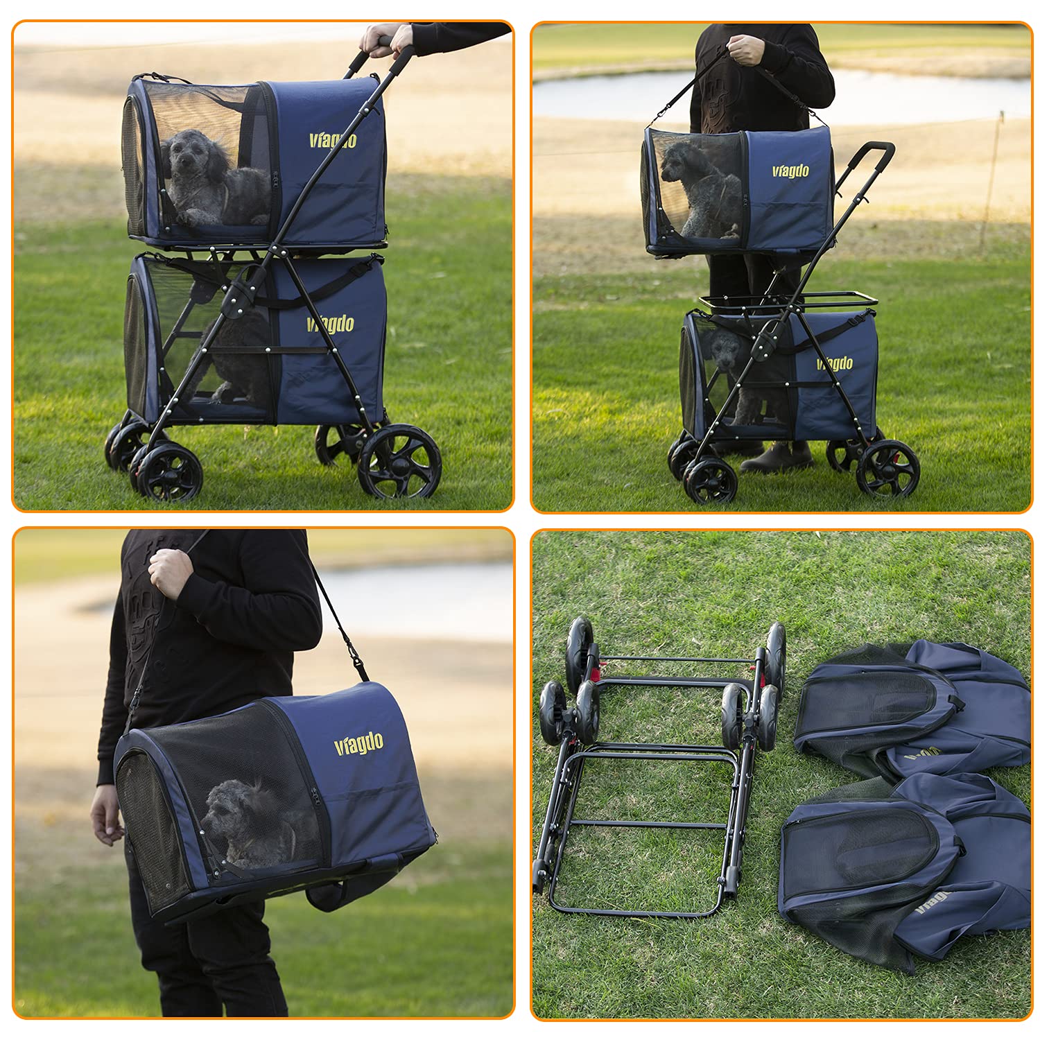 Double Pet Stroller 4-in-1 Folding Dog Strollers Travel Cart with 2 Detachable Carriersand4 Lockable Wheels for Small Medium Dogs Cats，Navy Blue