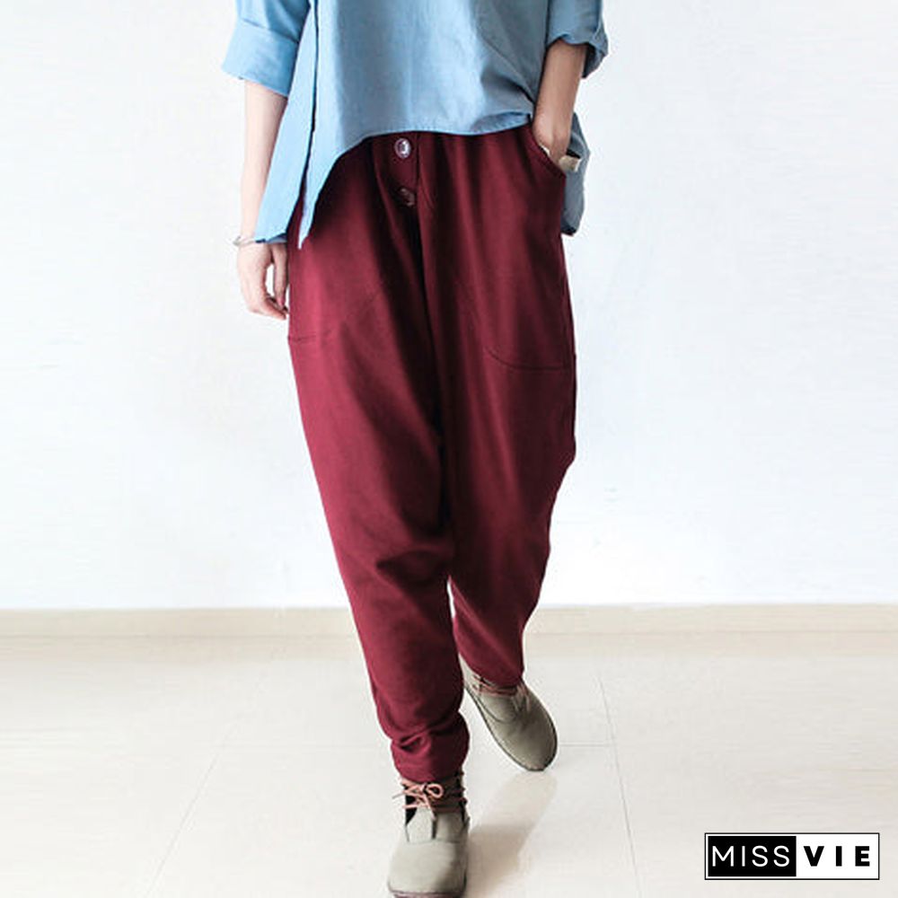 Burgundy warm winter pants thick cotton pants casual style buttons up