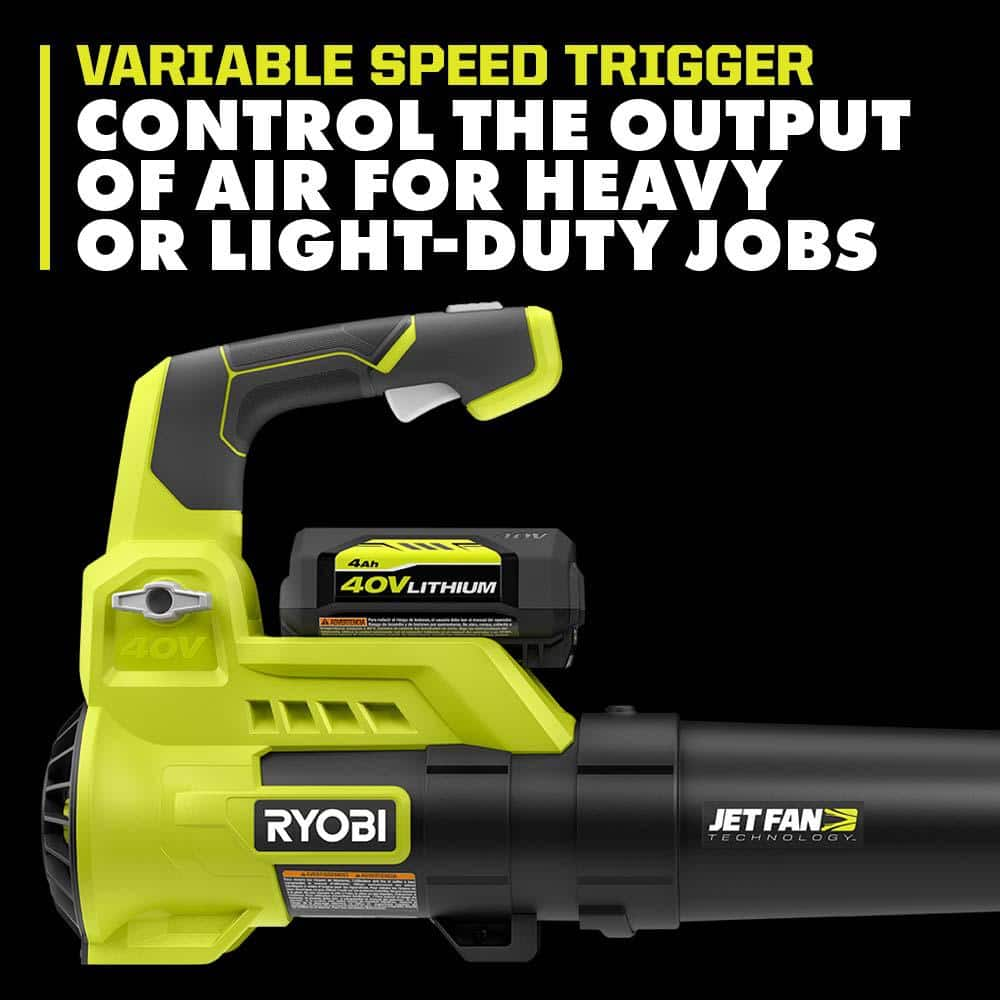 RYOBI 40V 110 MPH 525 CFM Cordless Battery VariableSpeed Jet Fan Leaf Blower with 40 Ah Battery and Charger