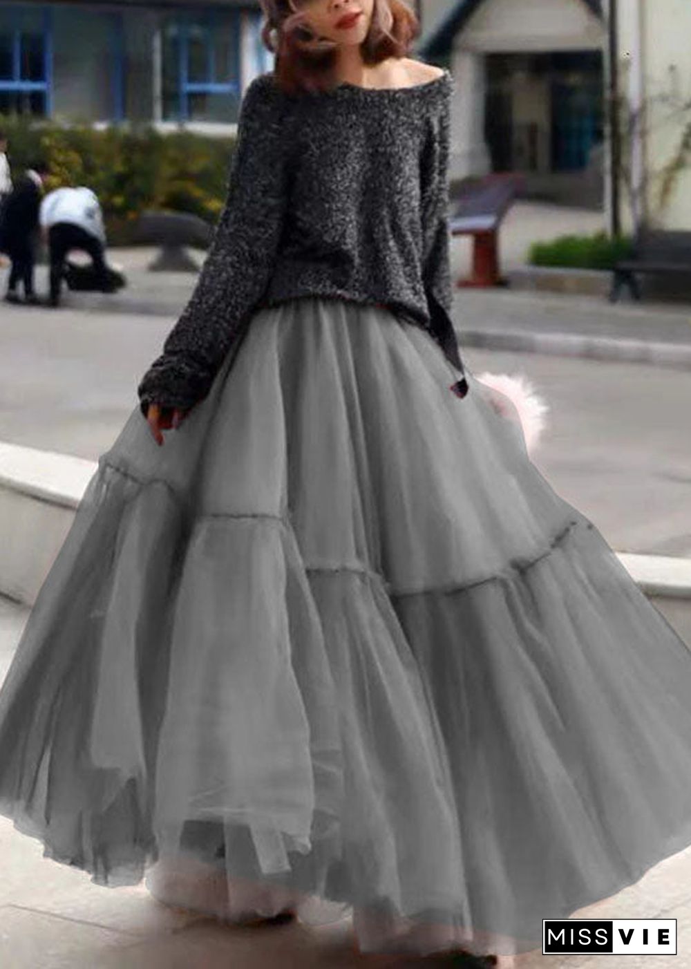 Women Grey Ruffled Tulle Cinched Circle Fall Skirt