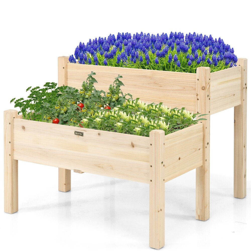 Set of 2 Raised Garden Bed 2 Tier Elevated Wood Planter Box