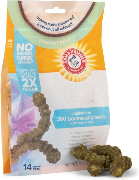 Arm and Hammer Fresh Spectrum 360 Boomerang Bone Coconut Mint Dental Dog Treats， 14 count