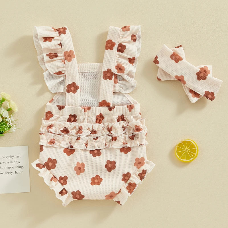 Baby Girls Romper and Headband Strawberry/Flower/Cherry Print Fly Sleeve Frills Newborn Infant Jumpsuit Summer Clothing