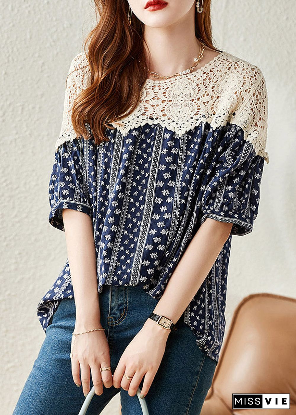 Fashion Navy O-Neck Print Lace Patchwork Shirt Summer