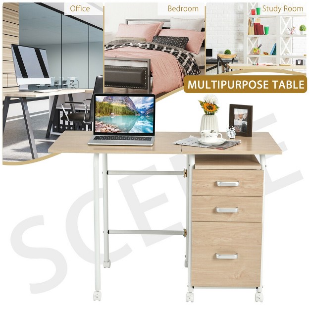 Costway Folding Computer Laptop Desk Wheeled Home Office Furniture W 3 Drawers Brown natural