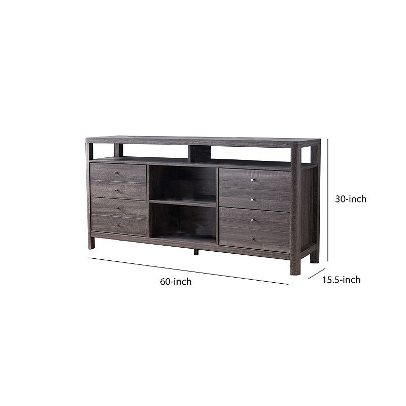 Wooden Frame Buffet with 4 Drawers and 4 Open Compartments， Gray