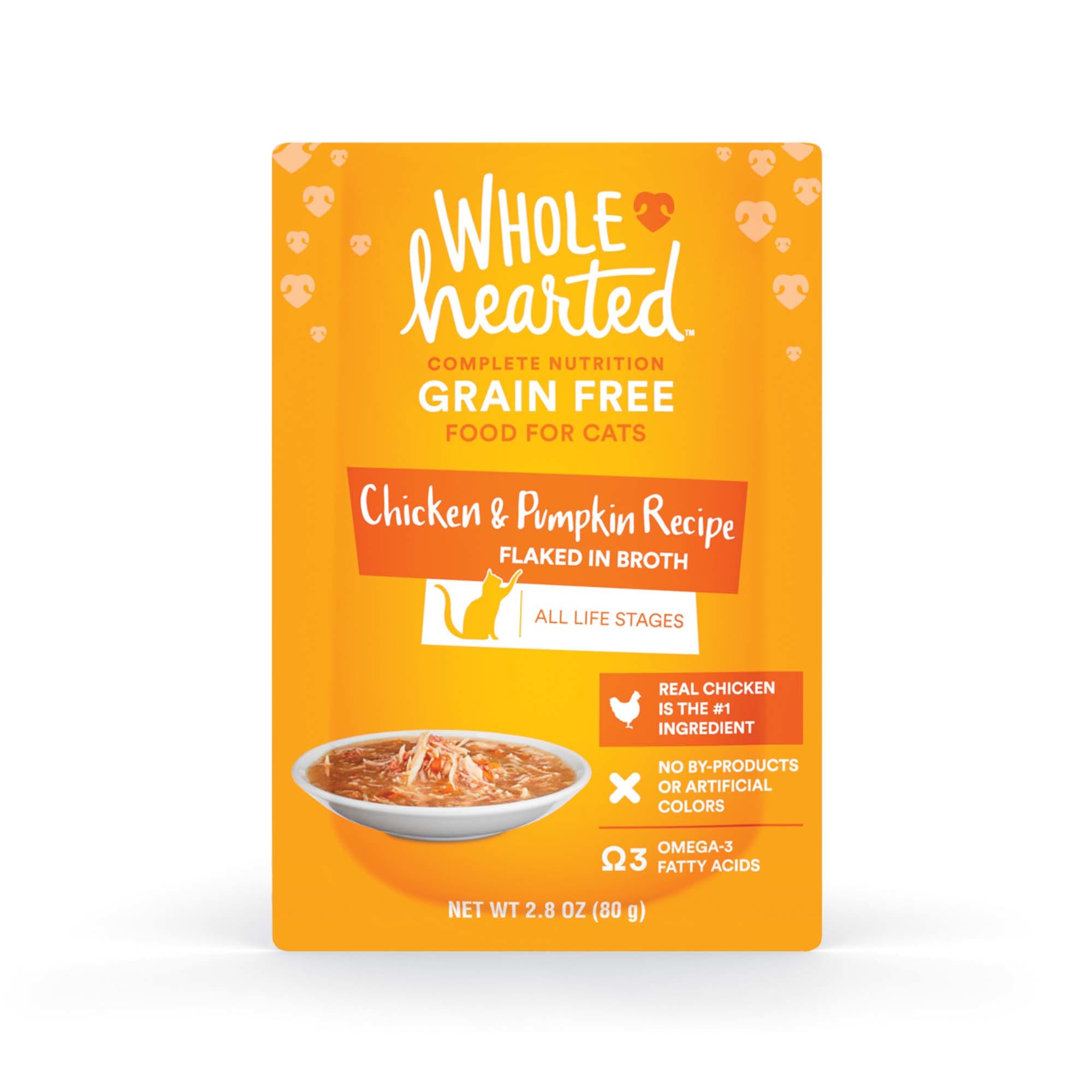 WHOLEHEARTED Grain Free Chicken amp; Pumpkin Recipe Flaked in Broth Wet Cat Food， 2.8 oz.， Case of 12