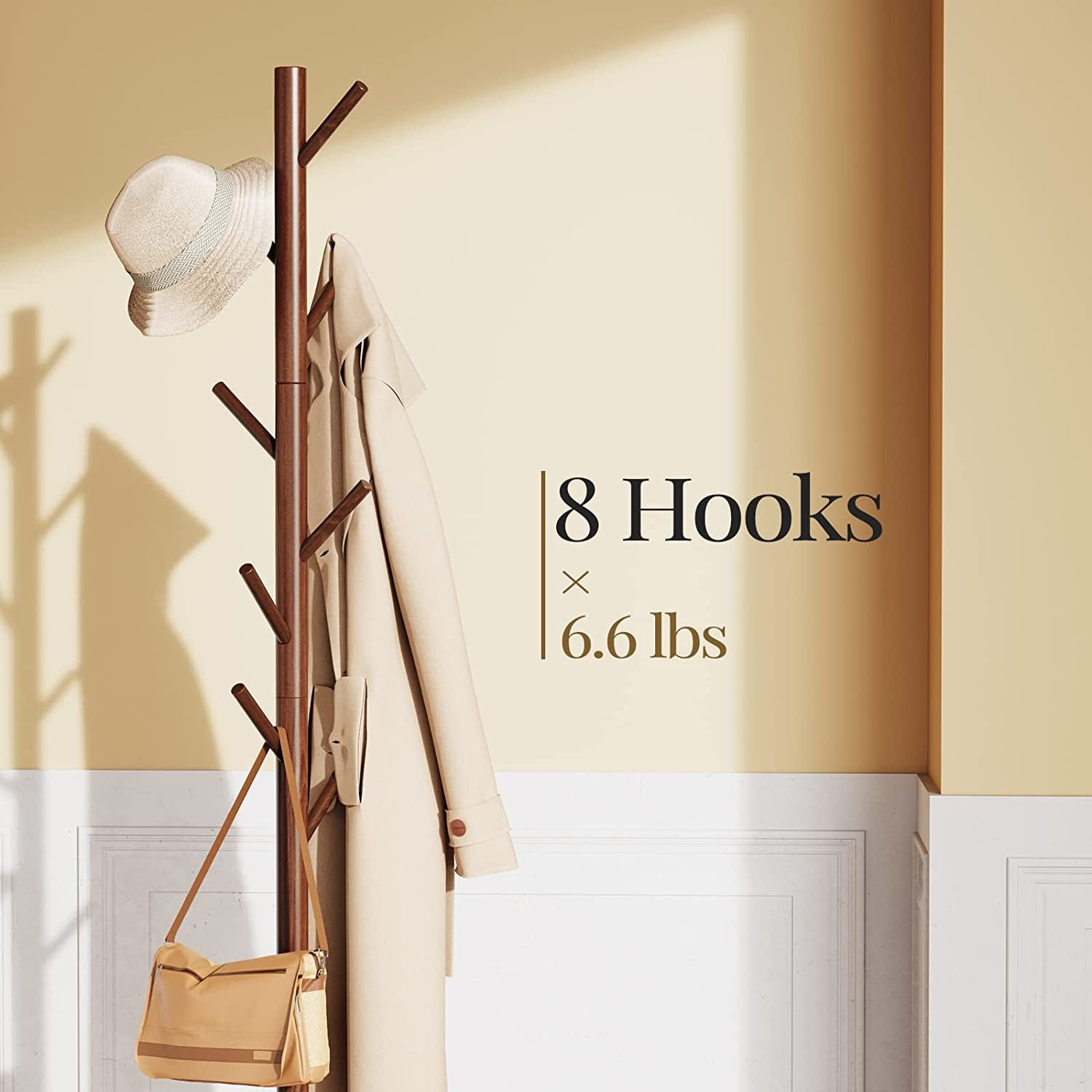 Coat Rack Stand with 3 Height Options and 8 Hooks Wooden Freestanding Coat Rack for Home， Office， Entryway， Hallway