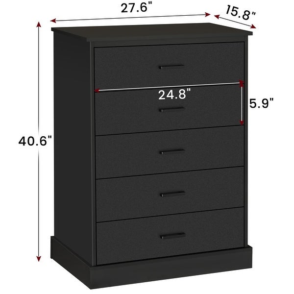 Black 5 Drawer Dresser for Bedroom， Tall Dresser with Sturdy Base， Wooden Large Capacity Storage Cabinet - as picture - - 37668211