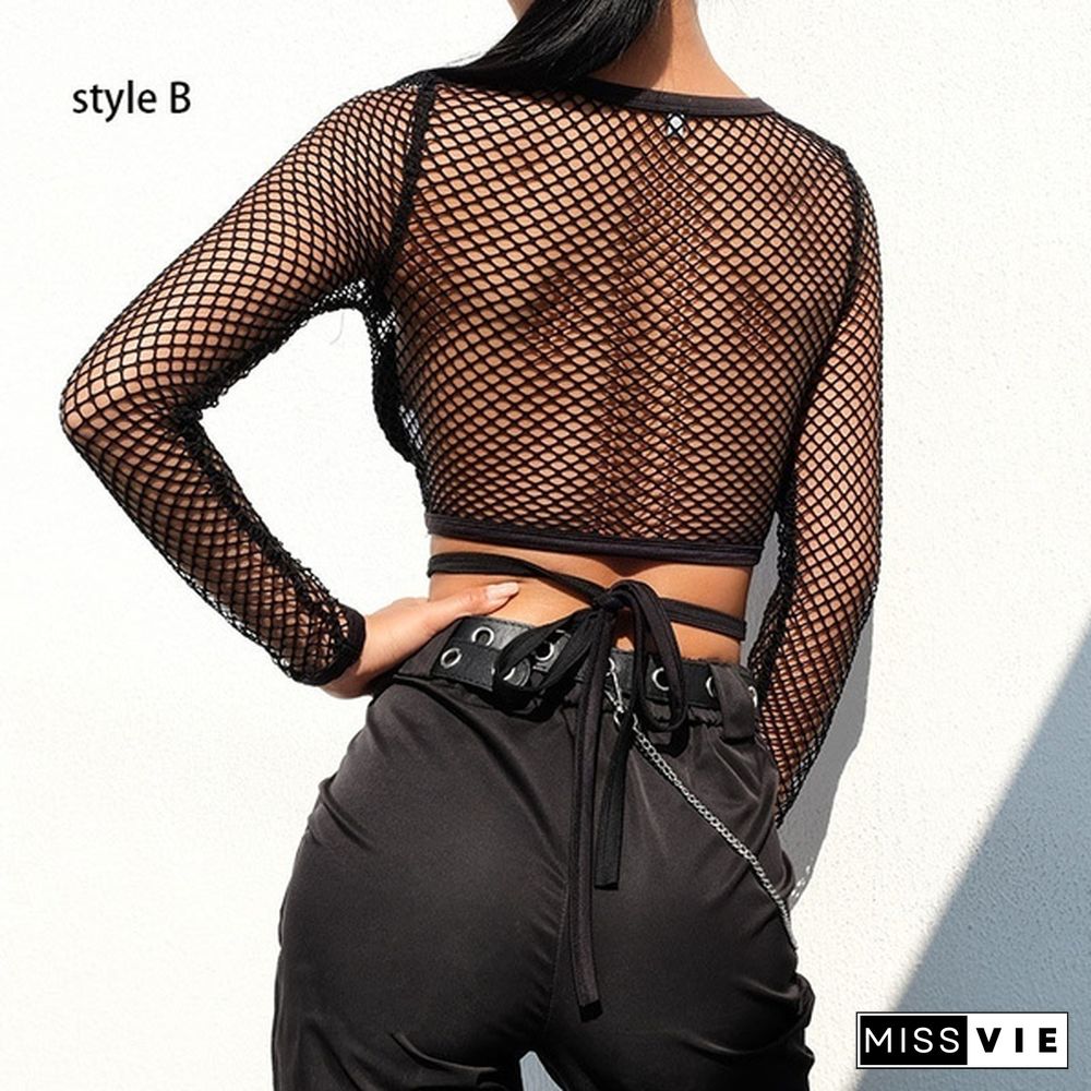 Women's Summer Fashion Black Fishnet Tops Sexy Hollow Long Sleeve Mesh Tops T-shirt Sheer Tops