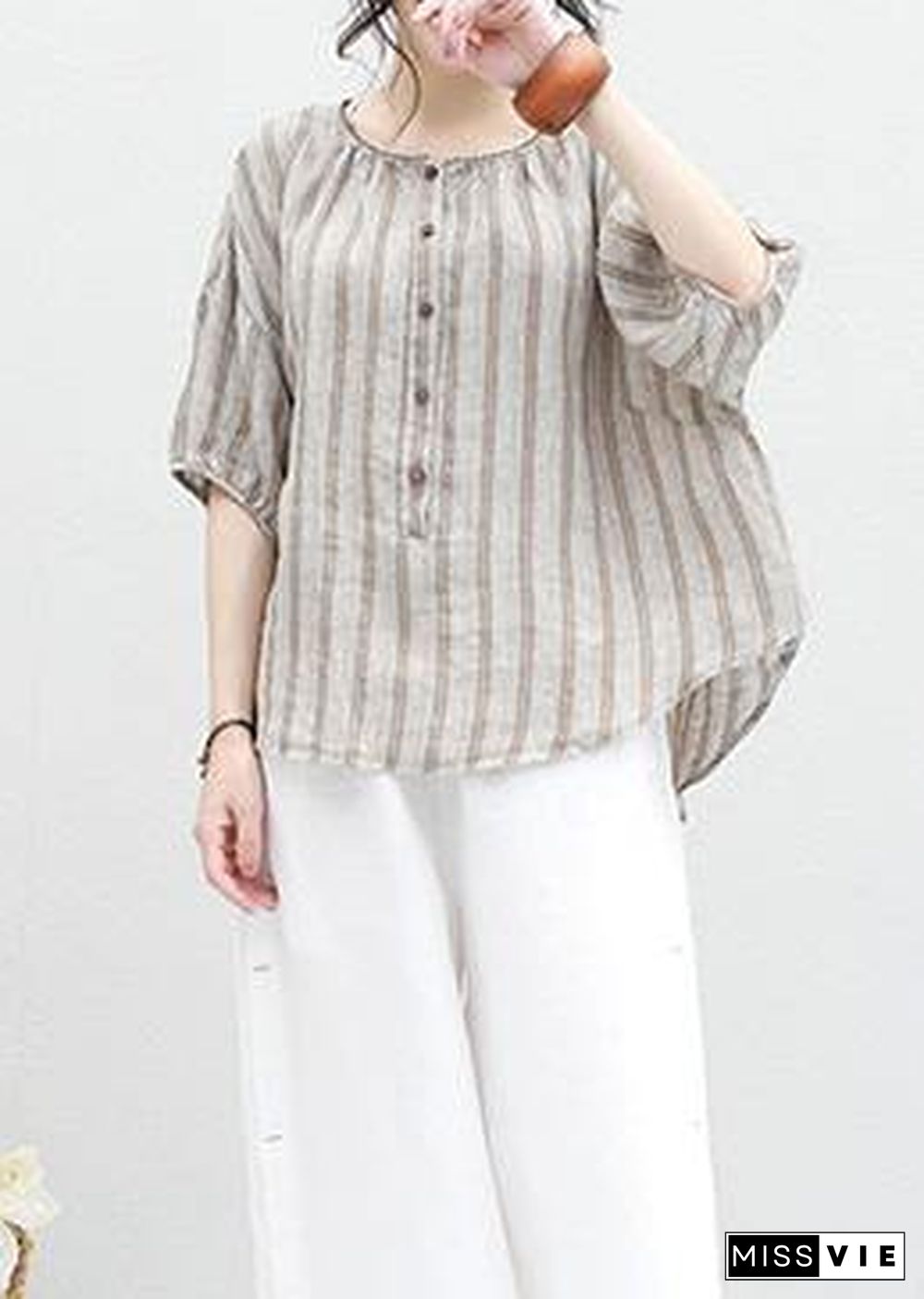 French half sleeve linen Blouse Sewing summer shirt khaki striped