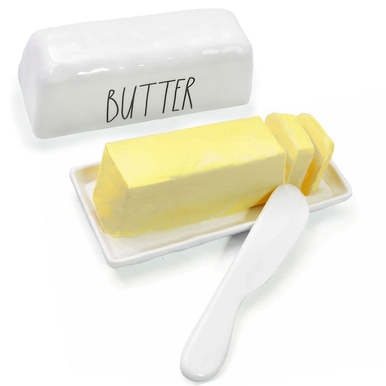 TP Melamine Butter Dish with Knife， Pure White