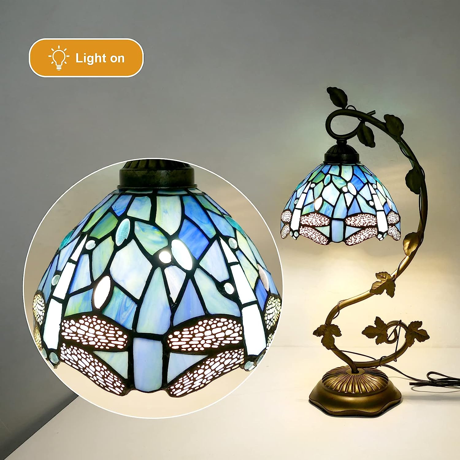 SHADY  Style Table Lamp 8x10x21 Inch Sea Blue Dragonfly Handmade Stained Glass Desk Lamp with Metal Leaf Iron Decor Vintage Curved Reading Light for Bedside  Living Room  Office (L