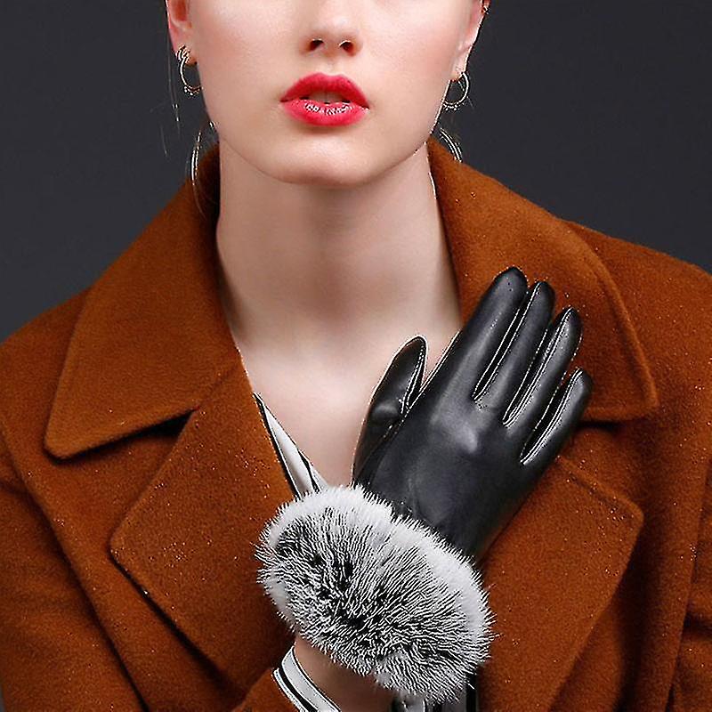 Women Outdoor Gloves Pu Leather Plush Windproof Full Finger Touches Screen Mittens Autumn Winter