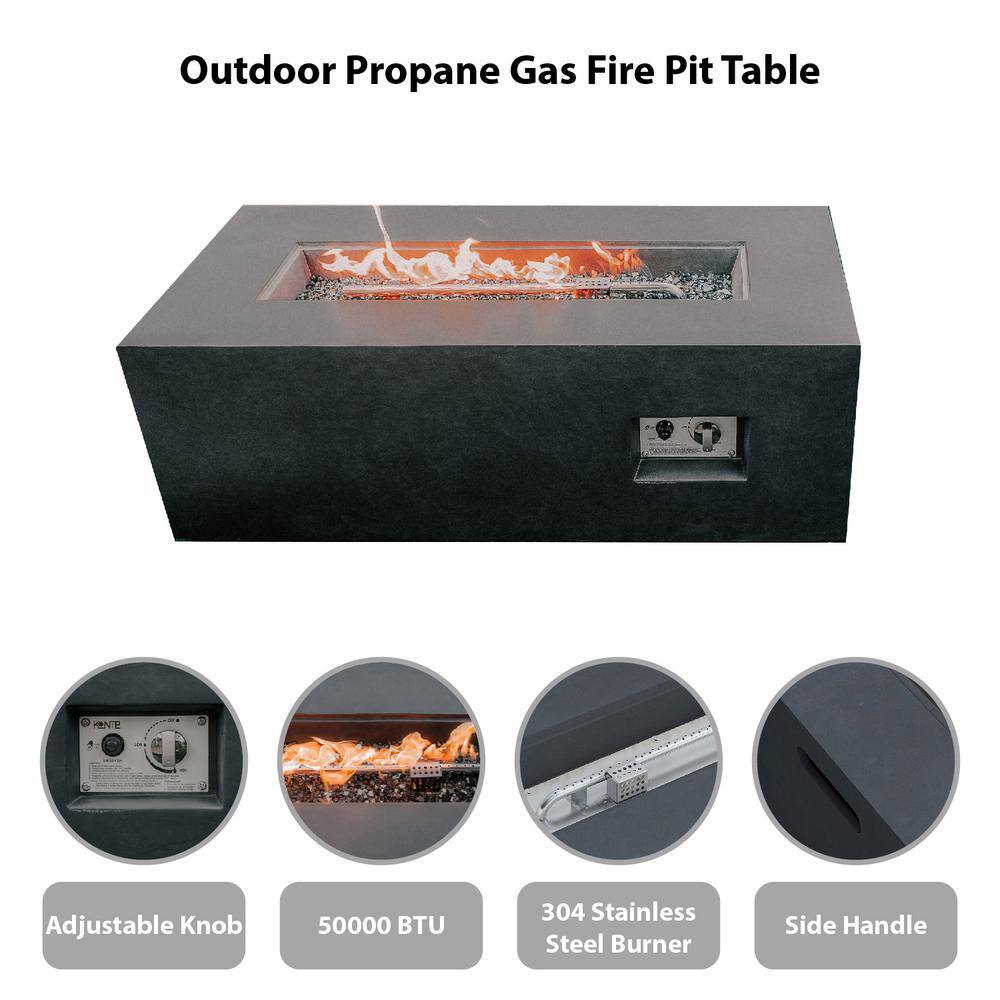 KANTE 42 in. W x 15.4 in. H Outdoor Rectangular Concrete Metal Propane Gas Fire Pit Table in Charcoal with Tank Cover Box RMFP-R01SET-60121