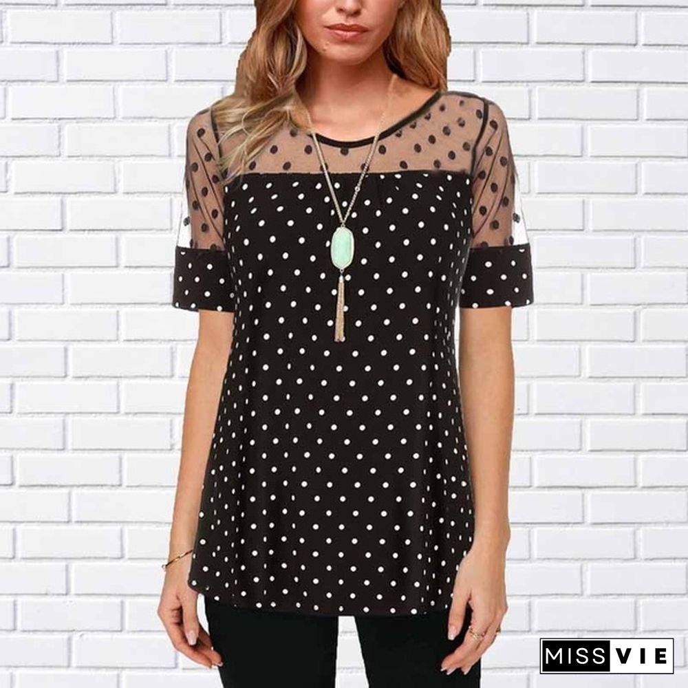 Women Polka Dot Mesh Patchwork Short Sleeve Blouse T Shirt Plus Size XS-8XL