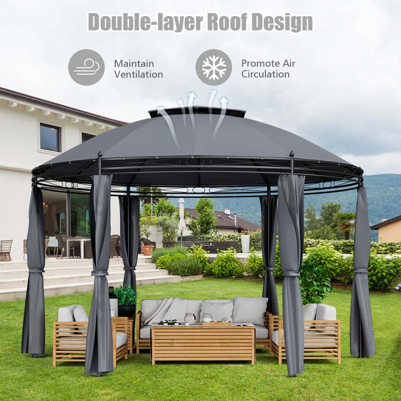 11.5 x 11.5 FT 2-Tier Steel Dome Round Gazebo Outdoor Patio Canopy Tent with Removable Curtains