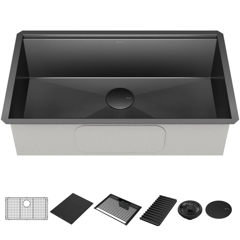 Delta Rivet16 Gauge Black Stainless Steel 32 in. Single Bowl Undermount Workstation Kitchen Sink in PVD Gunmetal Finish 95B9031-32S-GS