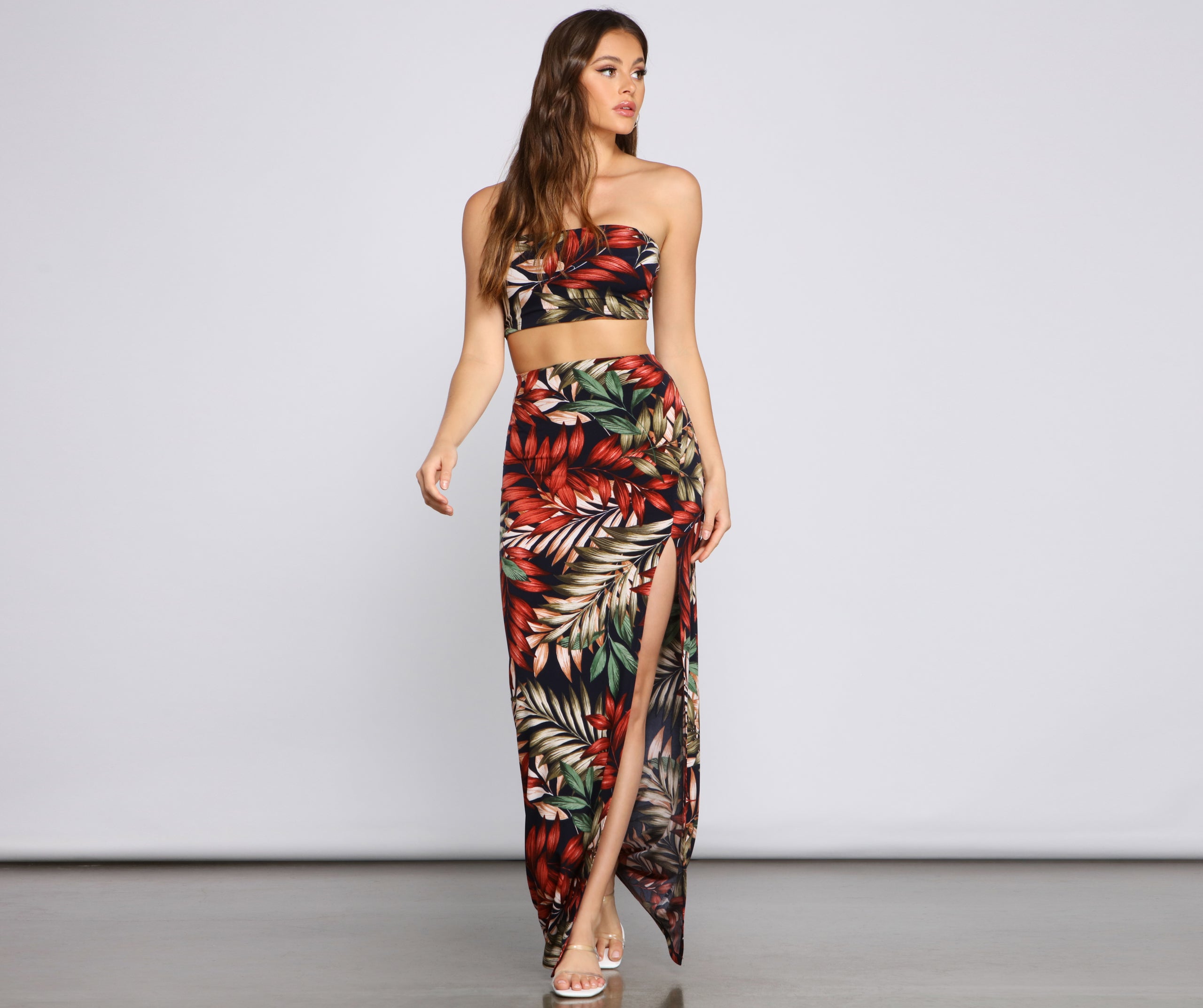 Tropical Palm Leaf High Slit Maxi Skirt