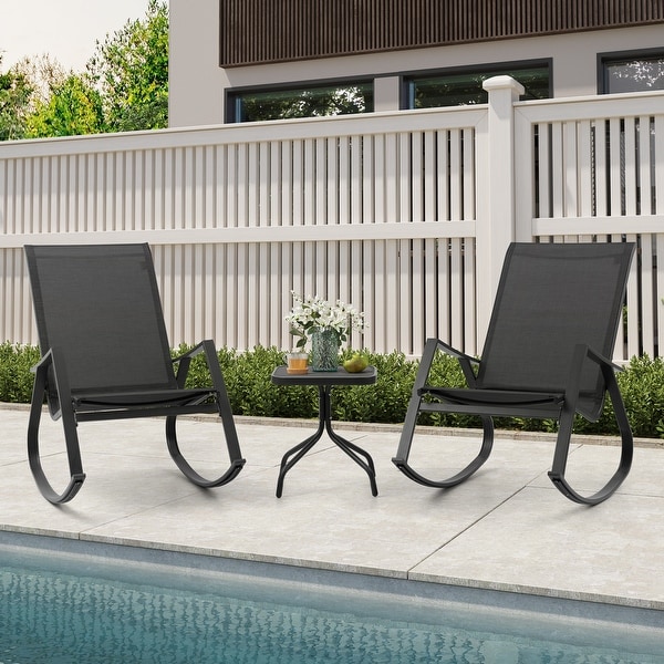 3 PCS Patio Bistro Set，Outdoor Rocking Chairs and Glass Coffee Table Side Table