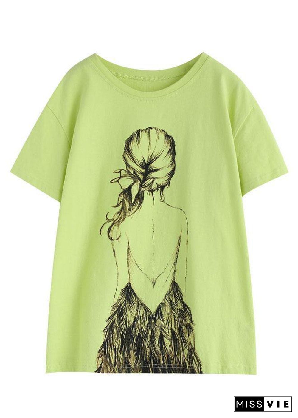 Plus Size Green Print O-Neck Cotton T Shirt Summer