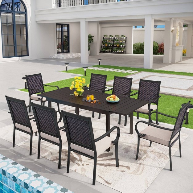 Captiva Designs 9pc Steel Outdoor Patio Dining Set With Extendable Table amp Wicker Rattan Chairs With Cushions