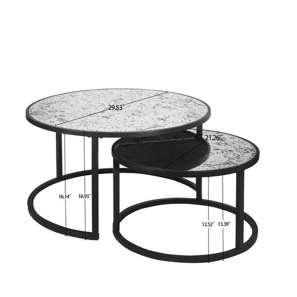 Set of 2 round coffee tables with metal frame and glass top table