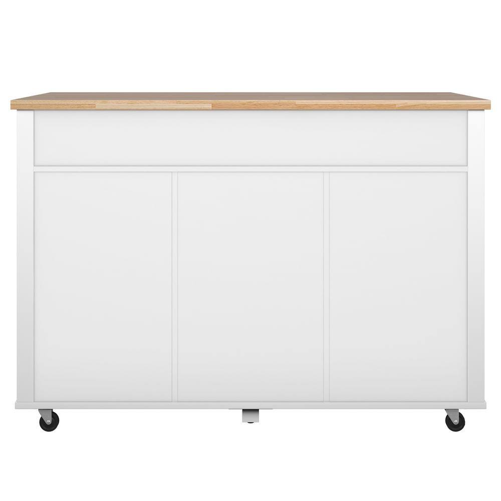 Twin Star Home Brilliant White and Wood Top 50 in. Kitchen Island with Cabinets and Optional Casters KC8671-PF08