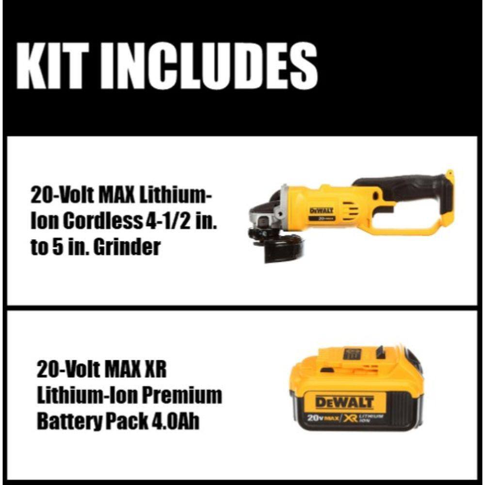 DW 20V MAX Cordless 4.5 in. - 5 in. Grinder and (1) 20V MAX XR Premium Lithium-Ion 4.0Ah Battery DCG412BWDCB204