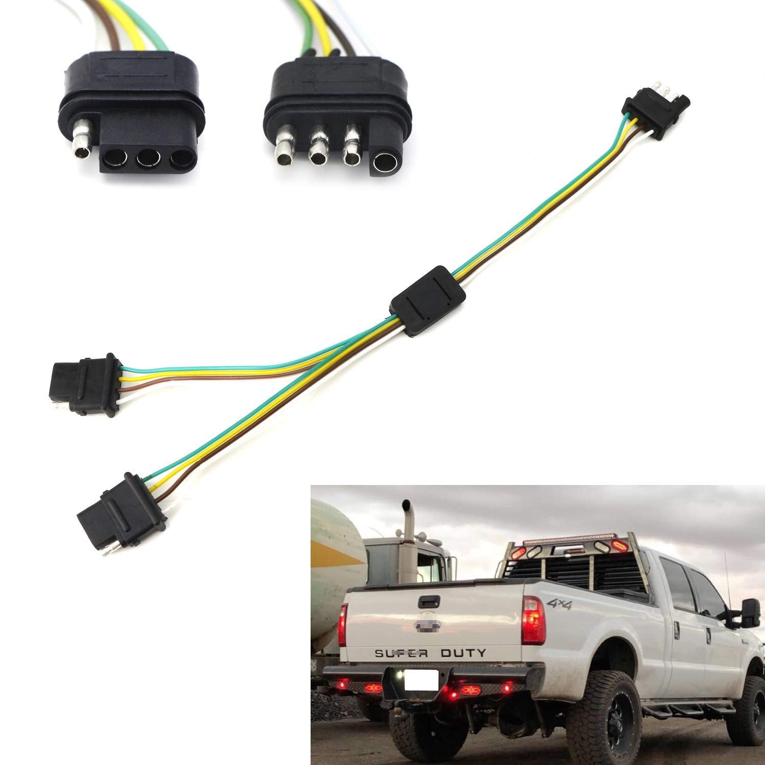 iJDMTOY Trailer Use 4-Way 4-Pin Flat Y-Splitter Dual Plug Adapter Extension Wire Harness Compatible With Truck SUV Install LED Tailgate Light Bar or Trailer Light Applications