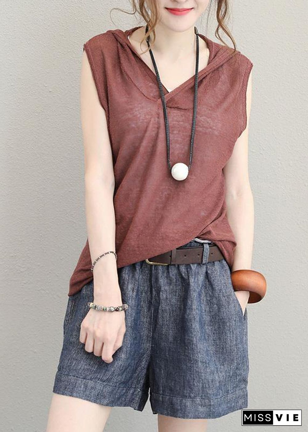 Organic brown cotton clothes For Women sleeveless short hooded blouse