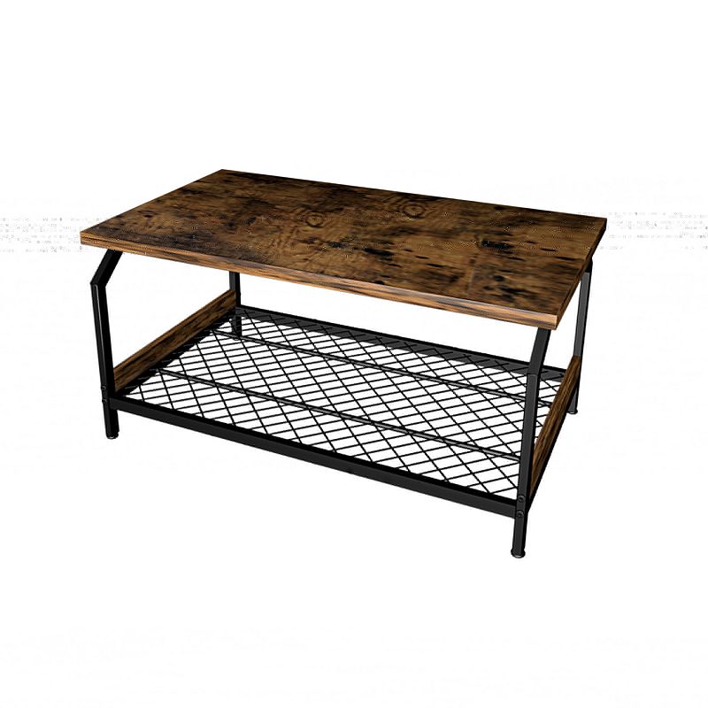 Frana Brown Wood Coffee Anti-Rust Iron Table with Black Mesh Shelf