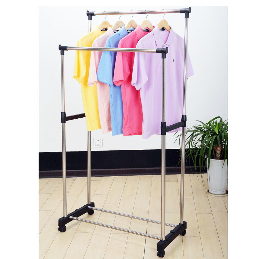 Ktaxon Double Heavy Duty Rail Portable Clothes Hanger Rolling Garment Rack Adjustable