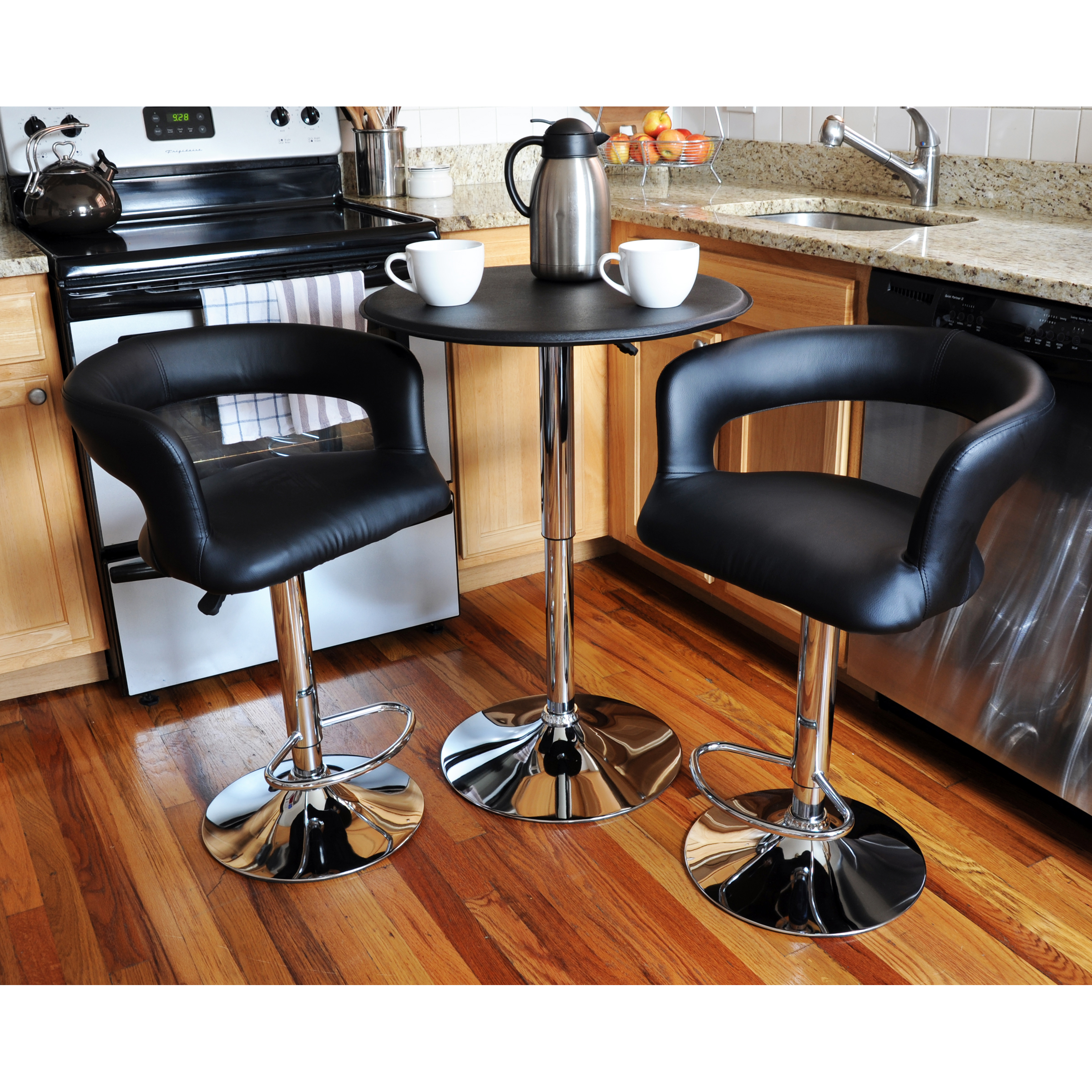 AmeriHome 3 Piece Adjustable Modern Bistro Table with 2 Vinyl Black Finish Bar Stools