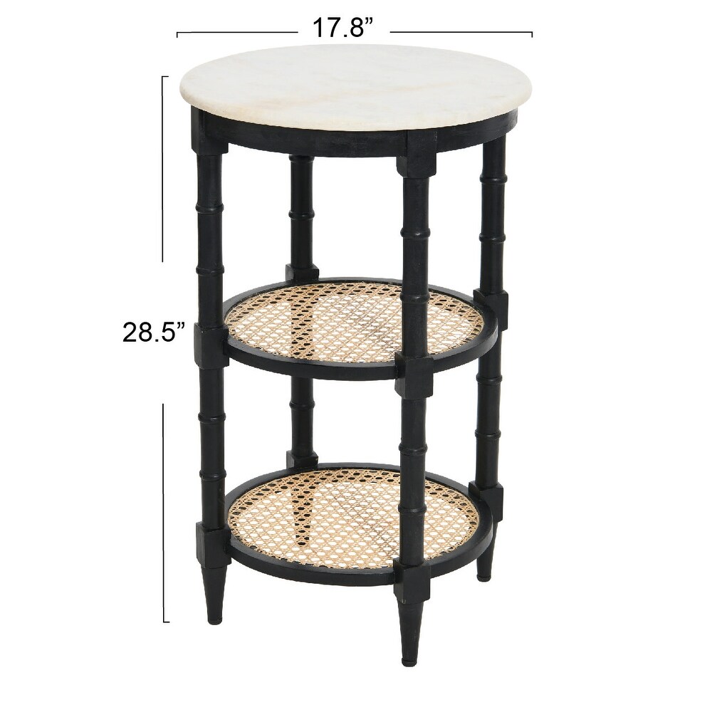 End Table with Genuine Marble Top and 2 Woven Cane Storage Shelves