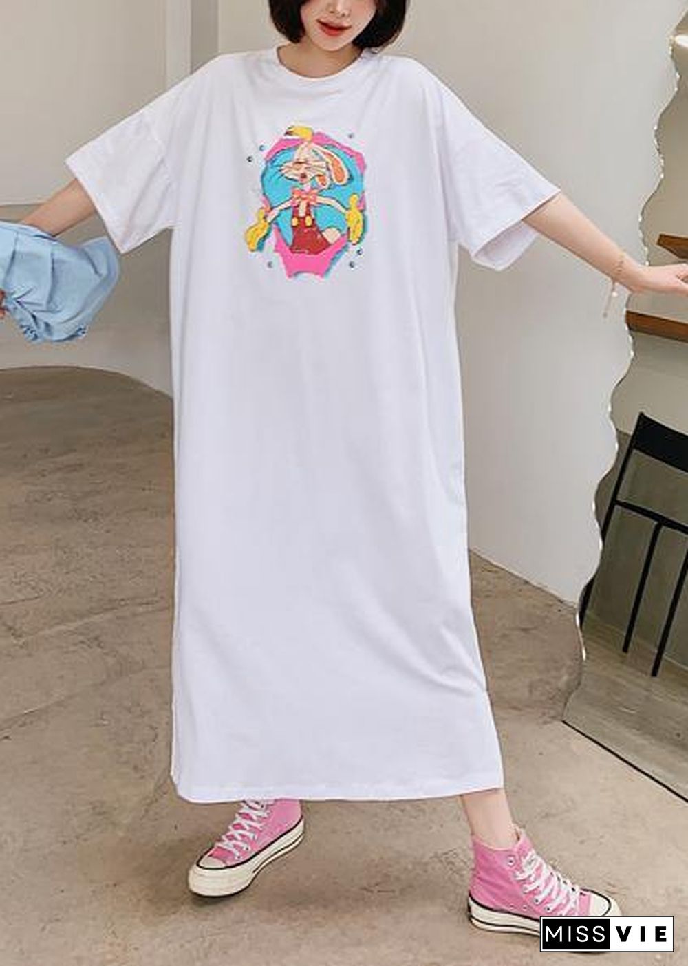 Handmade white Cartoon anime print dress o neck Robe Dresses