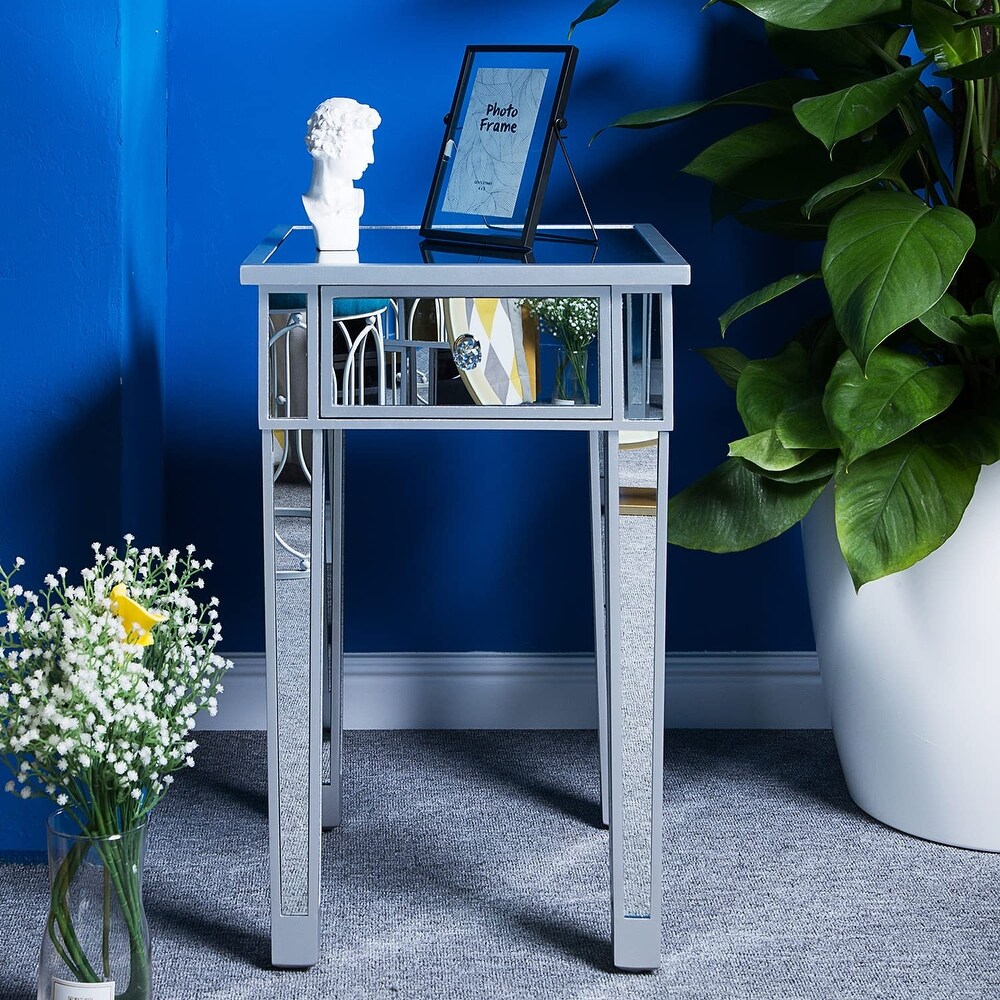 Mirrored End Table with Drawer Silver Modern Nightstand/Bedside/Accent Table for Small Space Living Room Bedroom