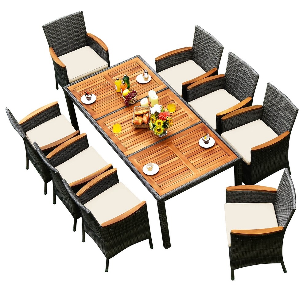 9 Pieces Rattan Patio Dining Set with Acacia Wood Table and Cushioned Chair   24\