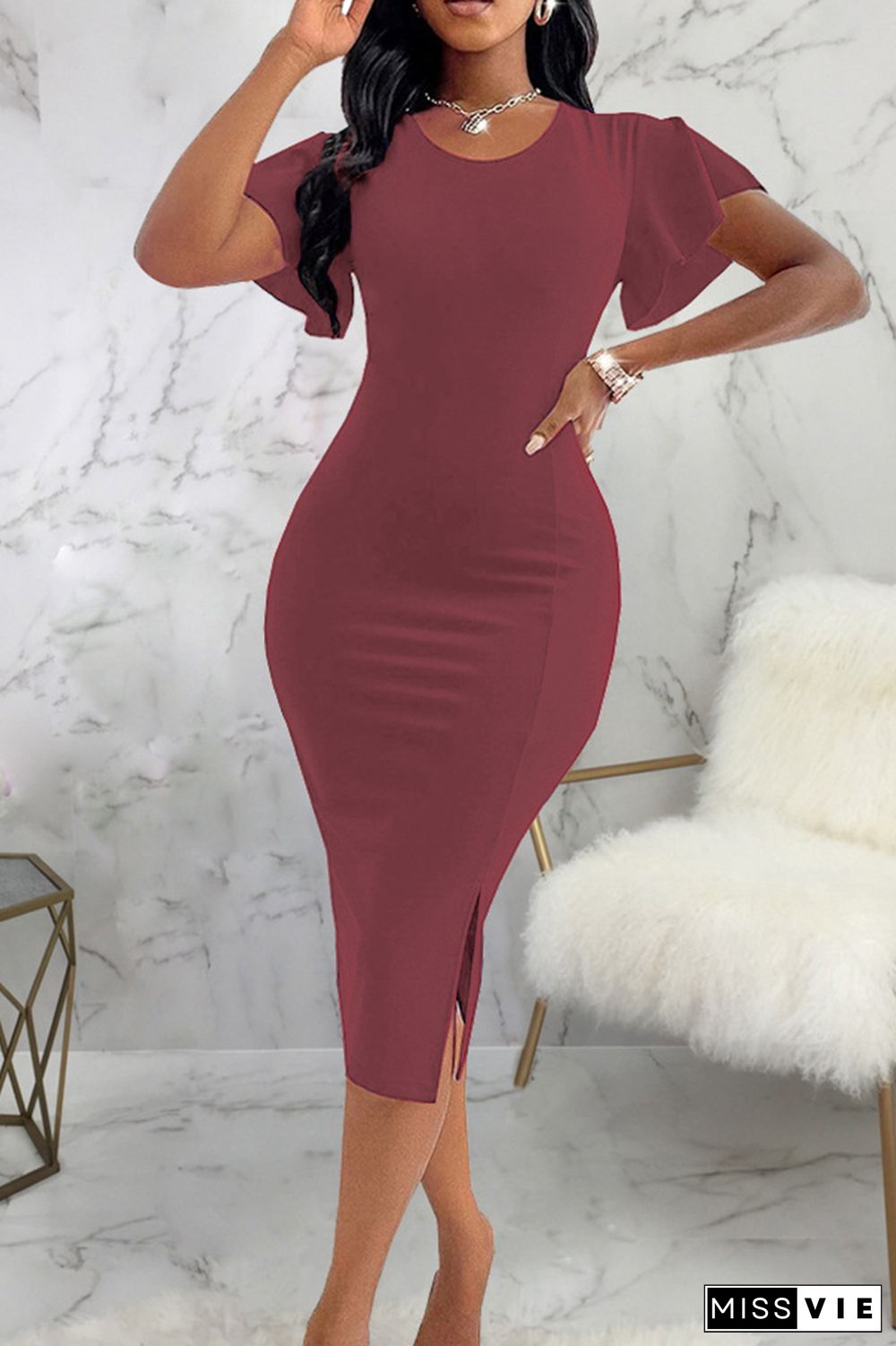 Elegant Solid Patchwork Slit Zipper O Neck Wrapped Skirt Dresses