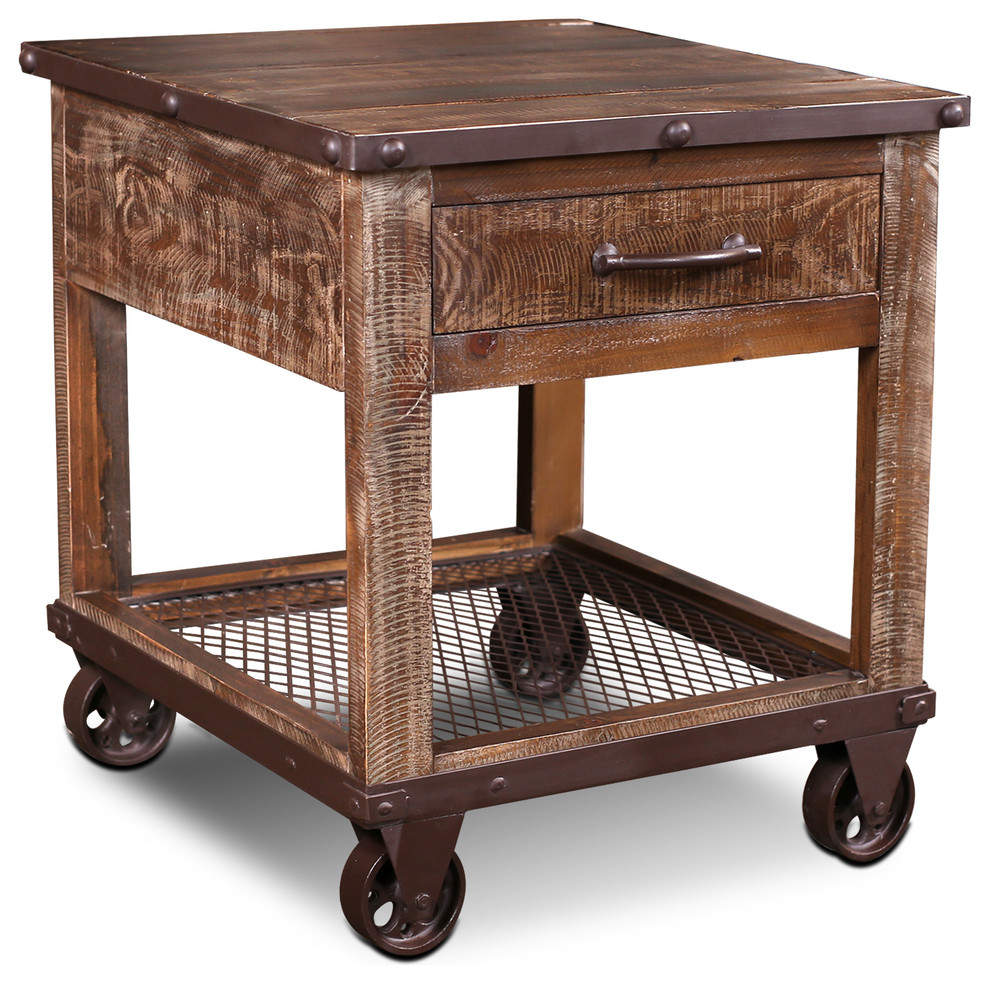 Addison Loft Rustic Solid Wood End Table on Casters   Industrial   Side Tables And End Tables   by Crafters and Weavers  Houzz