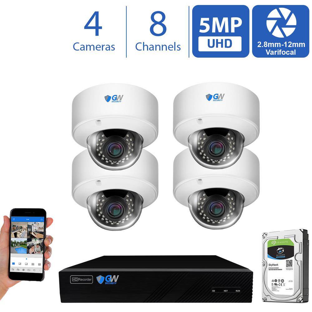 GW Security 4-Channel 5MP Security Surveillance System NVR with 4-Camera 2.8-12 mm Varifocal Zoom Lens 100 ft. Night Vision 1TB HDD GW5MP55NP-71-4PK