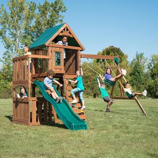 Swing-N-Slide Playsets Elkhorn Ready-To-Assemble Outdoor Wooden Playset with Slide Rock Wall Swings and Backyard Swing Set Accessories WS 8357